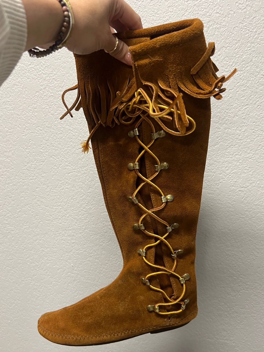 VINTAGE Genuine 1970s Minnetonka Moccasin Tall Lace Up Boots - Suede - Tan Sz 9